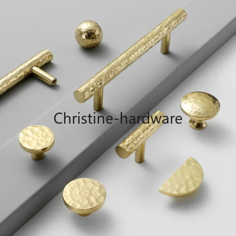 Brass Handle For Cabinet Hammered Golden Polished Gloss Drawer Kitchen Cupboard Furniture Modern Round Knobs
