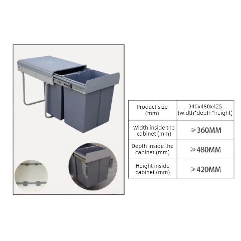A gray under-counter storage cabinet with two pull-out bins, shown on a light gray background with a size specification table and two circular detail insets. The table lists product dimensions: 340x480x425 mm, with width, depth, and height requirements of at least 360mm, 480mm, and 420mm respectively.