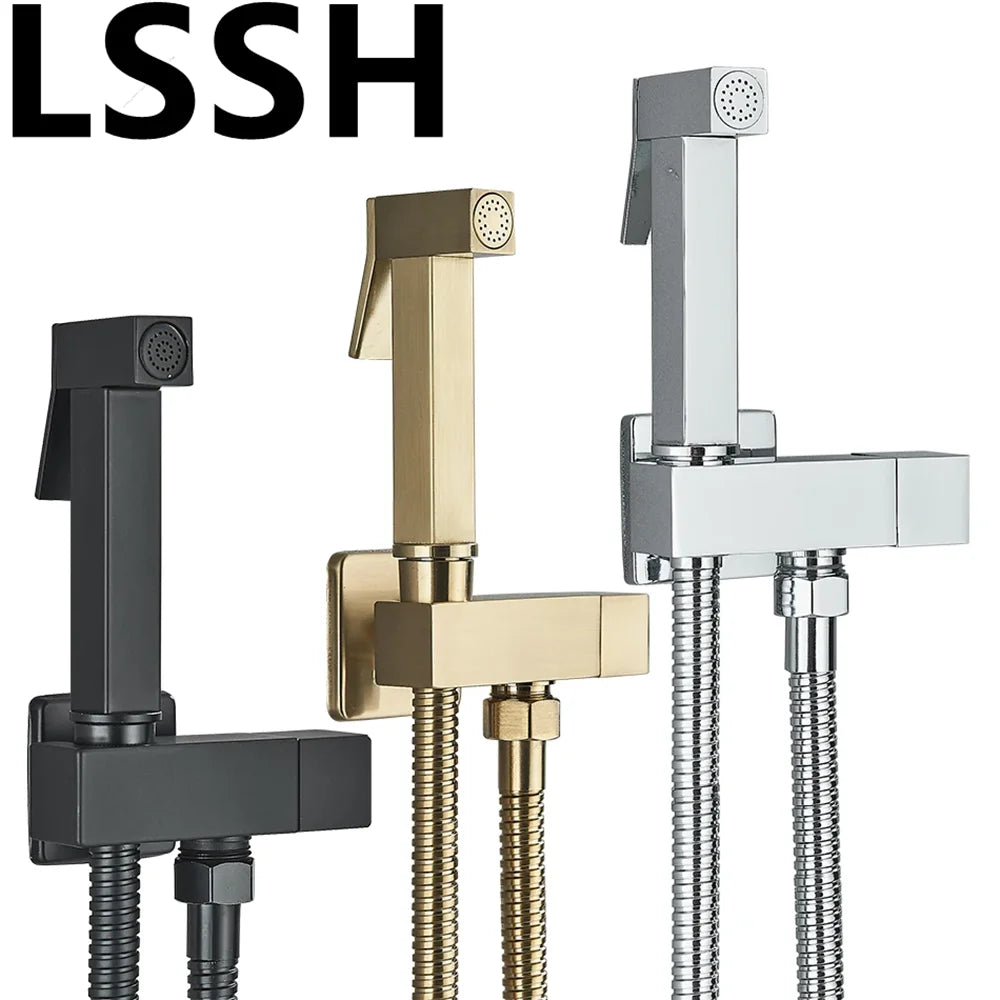 Three shower heads in black, gold, and chrome on a white background with 'LSSH' branding.