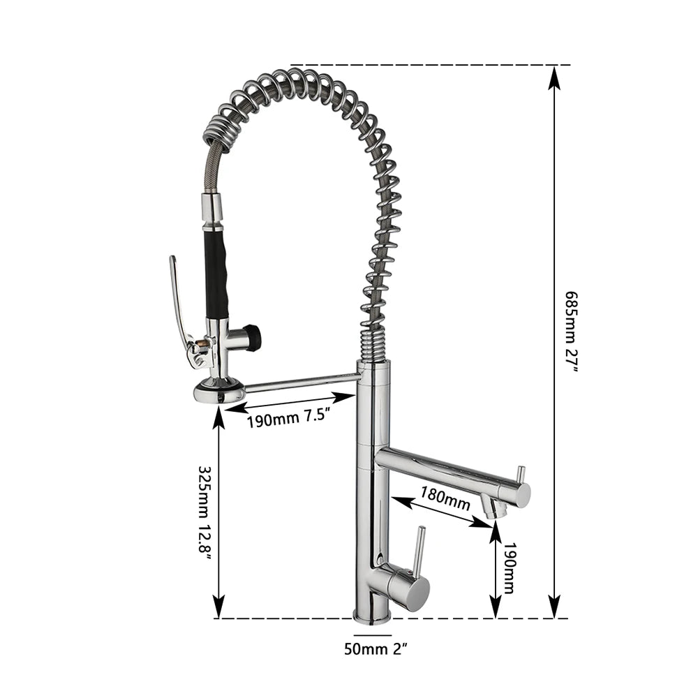 Kitchen faucet with measurement details on a white background