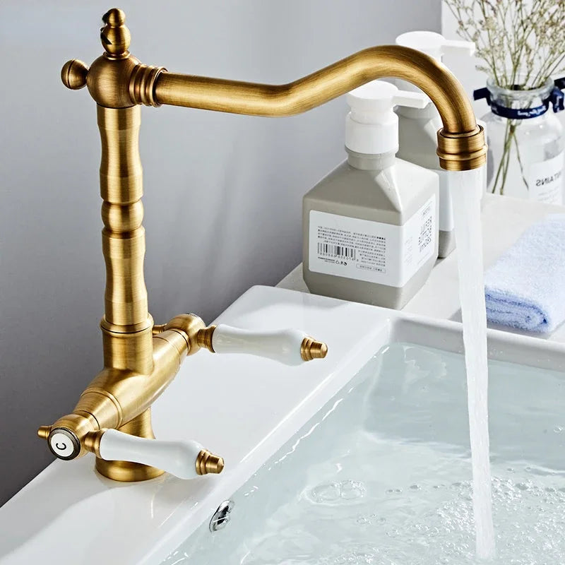 Antique Brass Dual Handle Kitchen Mixer Tap – 360° Rotation