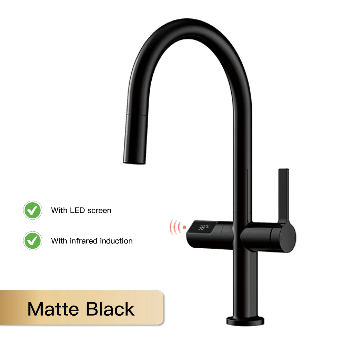Black kitchen faucet with LED screen and infrared induction on a white background