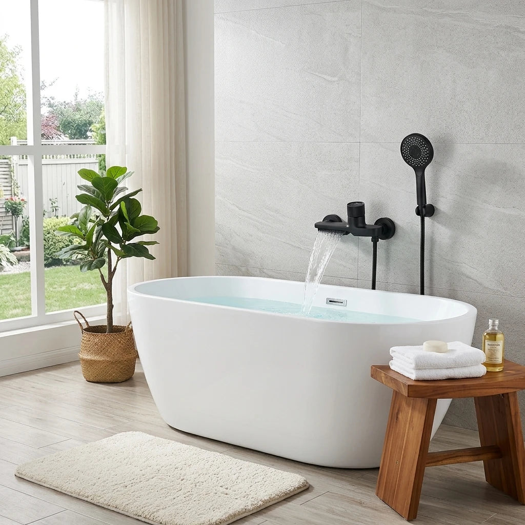 A freestanding oval bathtub in white with a black wall-mounted shower fixture and handheld shower head, shown in a bright modern bathroom with light gray tile walls, a window view, a potted plant, a small wooden stool with folded towels, and a bath mat on the floor.
