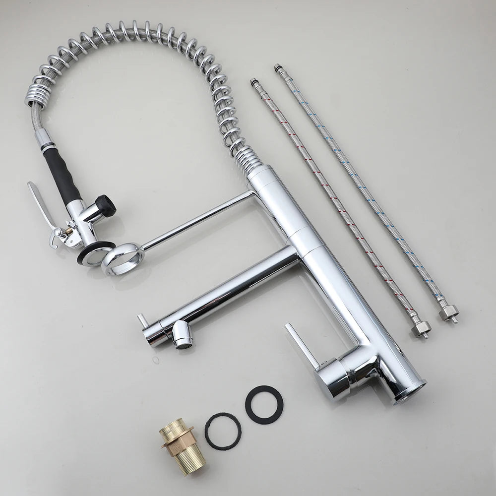 Chrome kitchen faucet set with various components on a light gray background