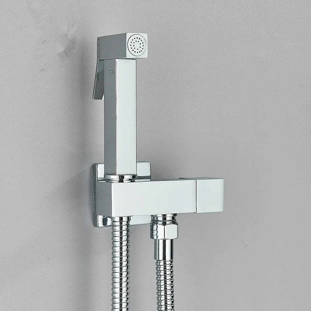 Chrome shower head and hose on a grey wall