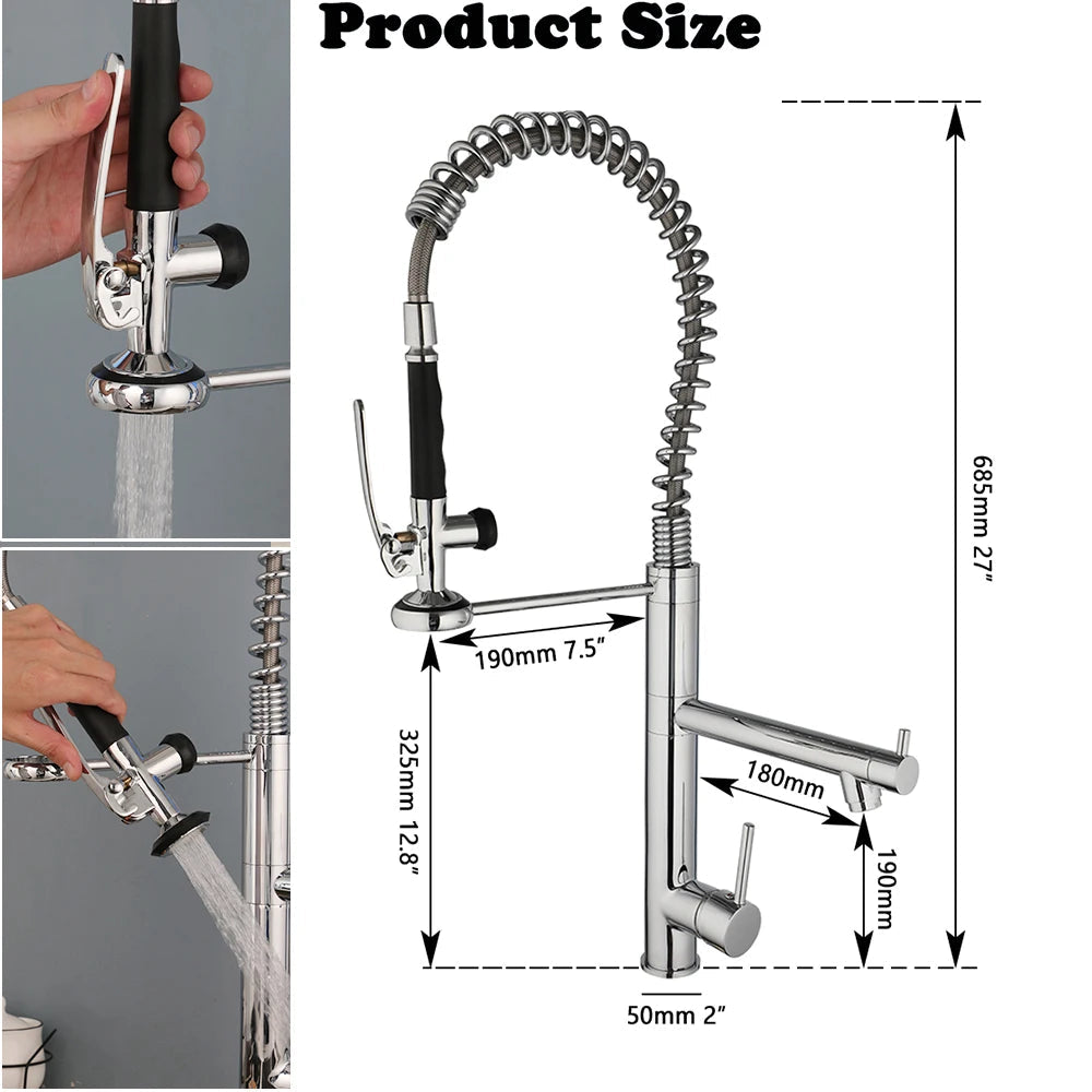 Product size diagram of a high-arc chrome kitchen faucet with dimension labels and inset photos showing the faucet handle and spray head in use.