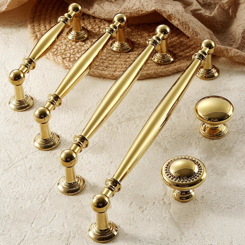 Brass Furniture Handles Bright Gold Cupboard Kitchen Cabinet Pulls Solid Copper Luxury Wardrobe Dresser Drawer Knobs Door Handle