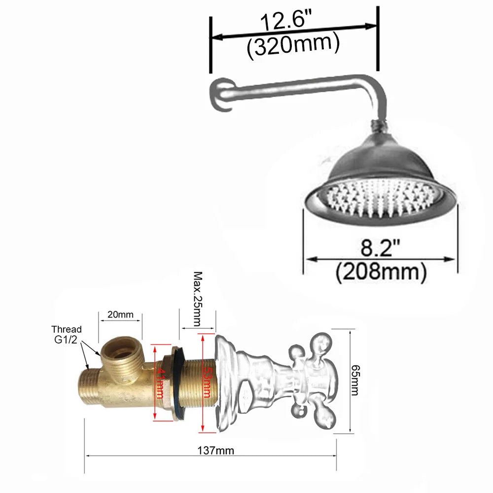 Shower head with measurements on a white background