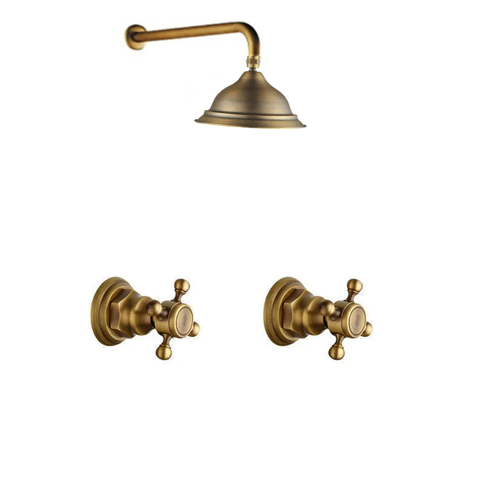 Vintage-style brass shower head and control handles on a white background