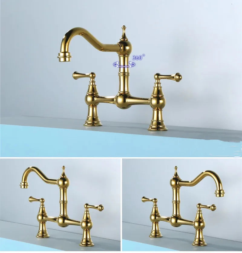 Gold faucet with three different views on a light blue background