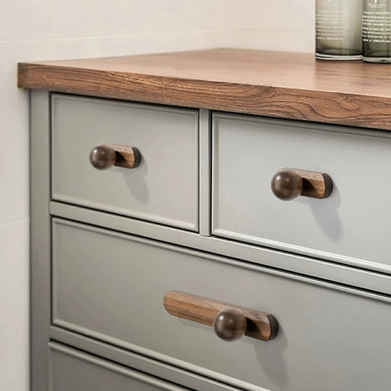 Nordic Walnut Wood Cabinet Knobs Minimalist Round Drawer Pulls Wardrobe Kitchen Cabinets furniture handles