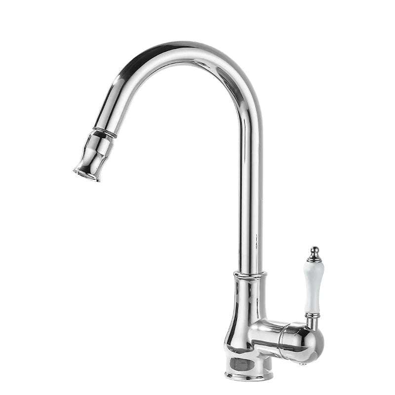 Chrome kitchen faucet with a white background