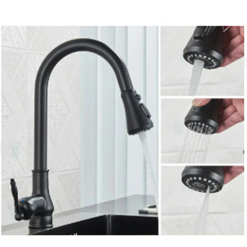 Black kitchen faucet with multiple spray heads on a white background