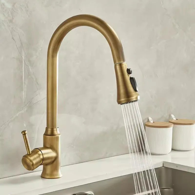 Gold kitchen faucet with water flowing in a kitchen setting