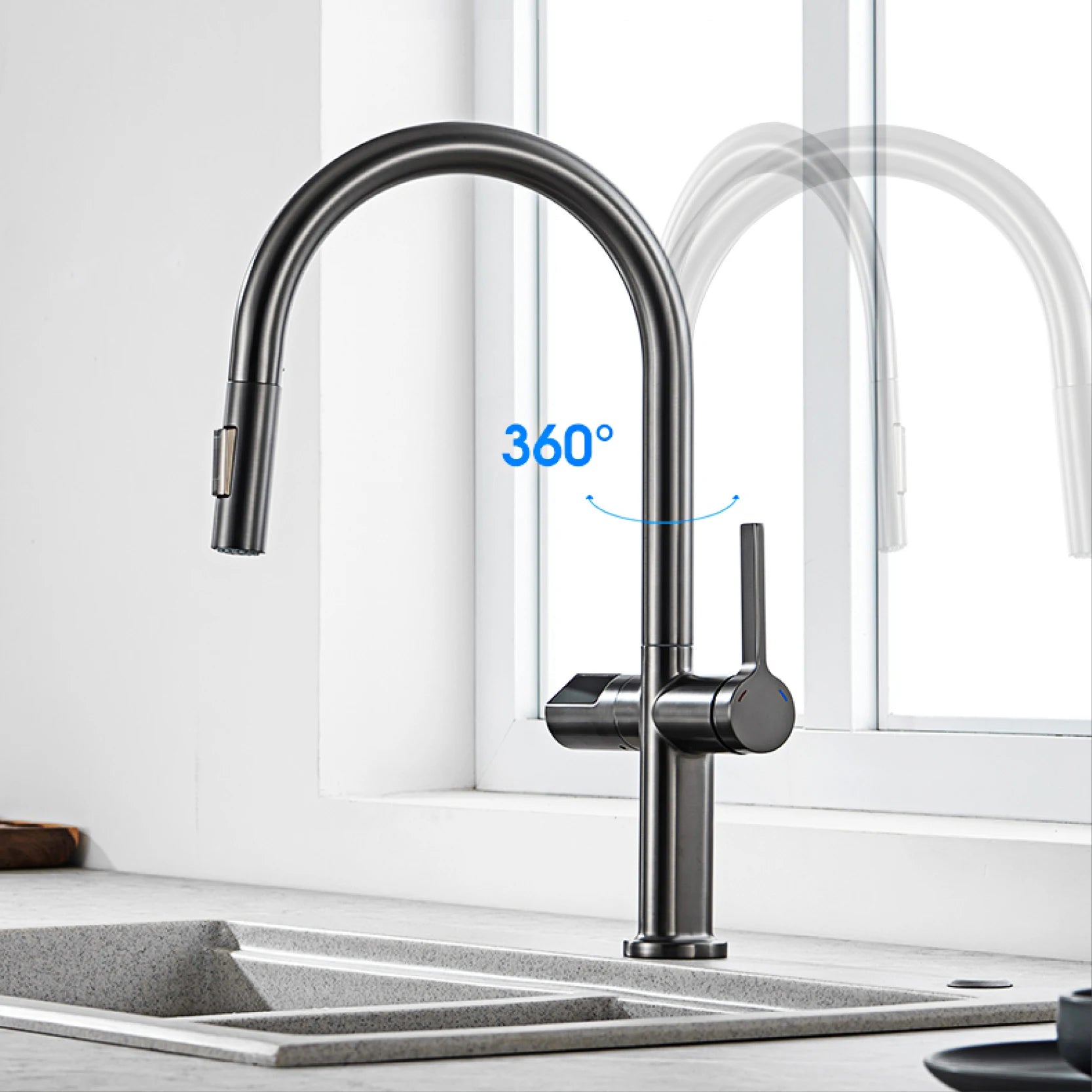 Luxury Brass Kitchen Tap – LED Digital, Gun Grey, Pull-Out, Hot & Cold