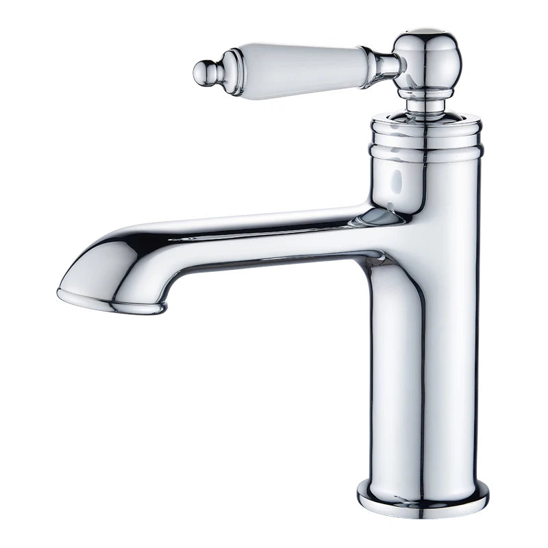 A single-handle bathroom faucet with a polished chrome finish and a white ceramic lever handle, shown on a plain white background.