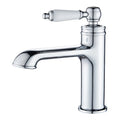 A single-handle bathroom faucet with a polished chrome finish and a white ceramic lever handle, shown on a plain white background.