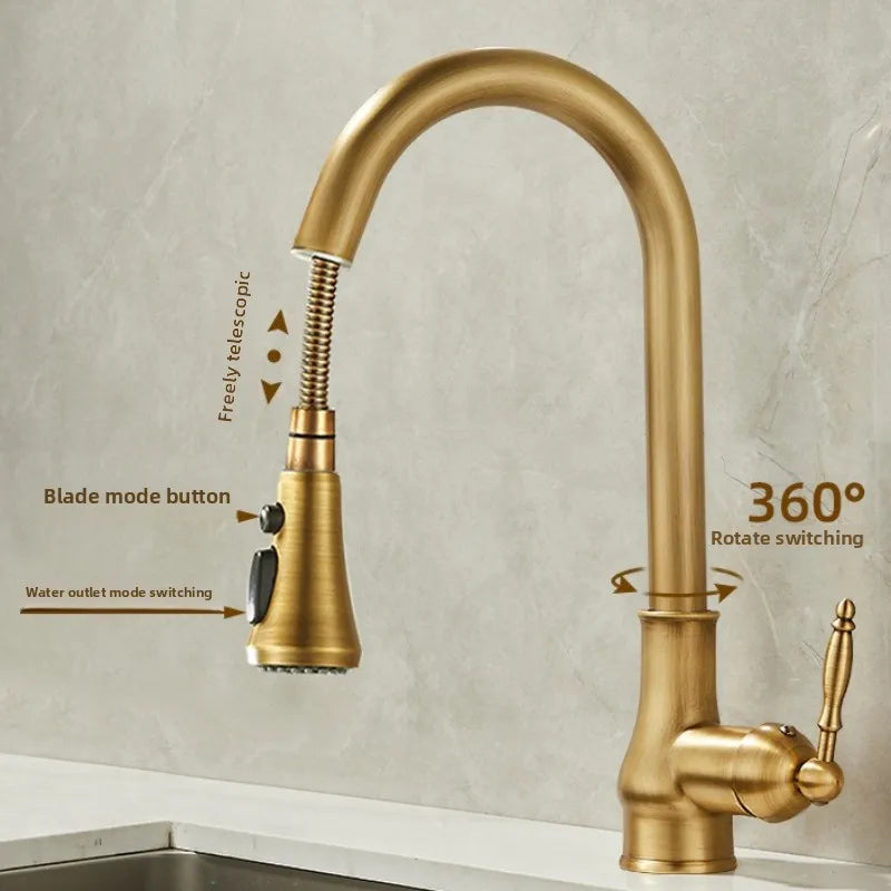Gold kitchen faucet with spray head on a neutral background
