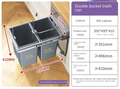 A product infographic for a double bucket trash can with a 400 cabinet pull-out system. The left side shows the trash can installed under a cabinet with red dimension arrows and labels (410MM, 495MM, 330MM).