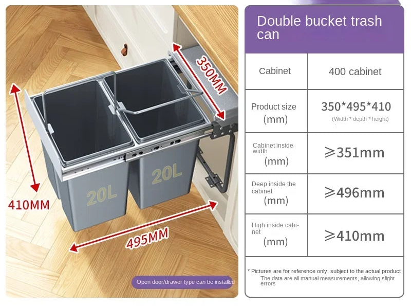 A product infographic for a double bucket trash can with a 400 cabinet pull-out system. The left side shows the trash can installed under a cabinet with red dimension arrows and labels (410MM, 495MM, 330MM).