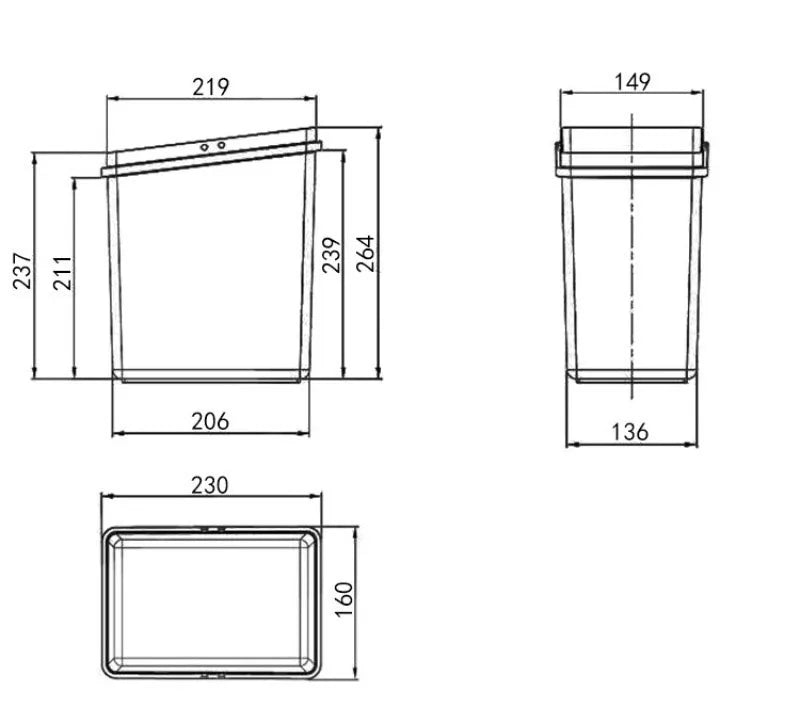 Black and white technical dimension drawing of a rectangular plastic container, showing front, side, and top-down views with measurement labels and numeric dimensions.