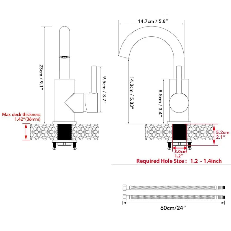 Technical drawing of a kitchen faucet with dimensions and specifications.