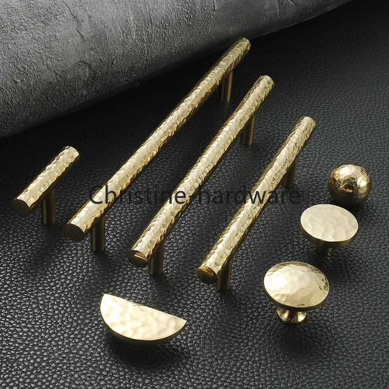 Brass Handle For Cabinet Hammered Golden Polished Gloss Drawer Kitchen Cupboard Furniture Modern Round Knobs