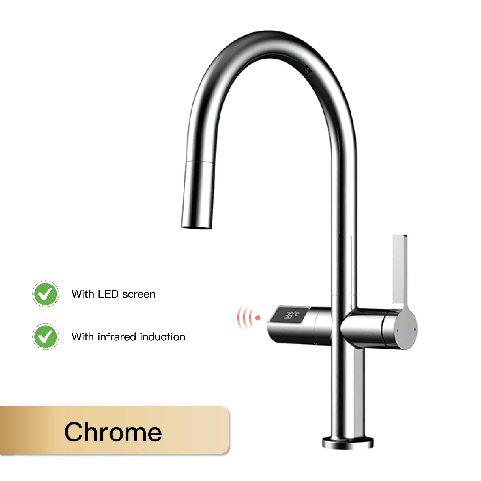 Chrome kitchen faucet with LED screen and infrared induction on a white background