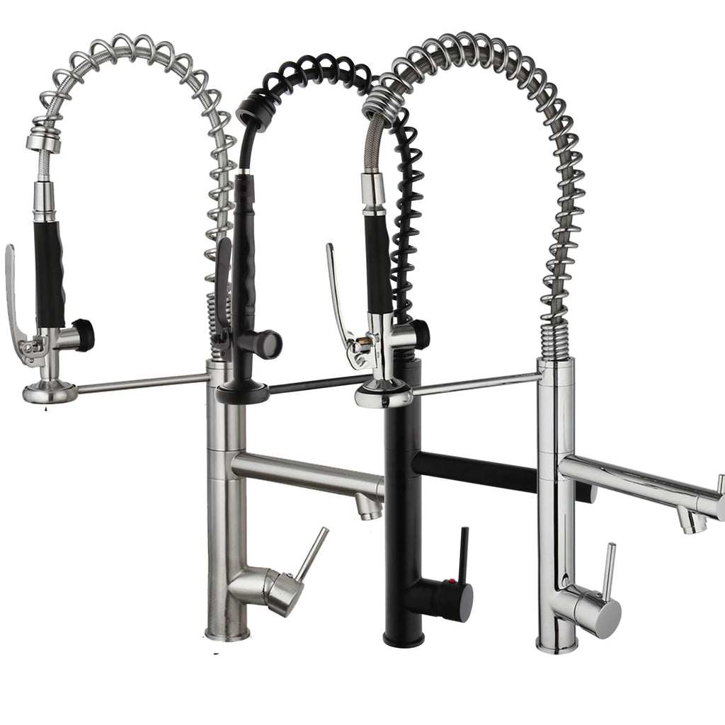 Stainless steel kitchen faucet with dual handles on a white background