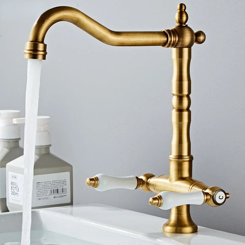 Antique Brass Dual Handle Kitchen Mixer Tap – 360° Rotation