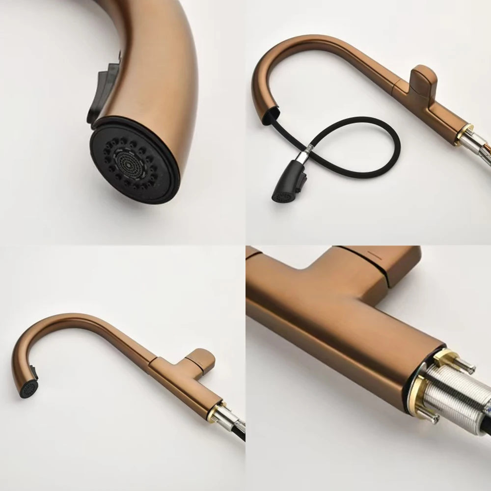 A four-panel close-up collage of a single faucet product on a light neutral background. The faucet has a brushed warm metallic finish that reads as bronze/copper, with black components including the spray head, hose, and lever, and a silver chrome fitting visible in one panel.