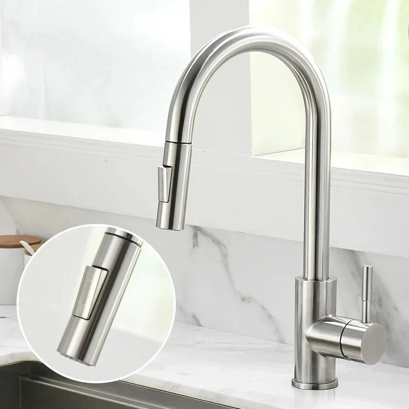Brushed nickel kitchen faucet with close-up detail on a sink background