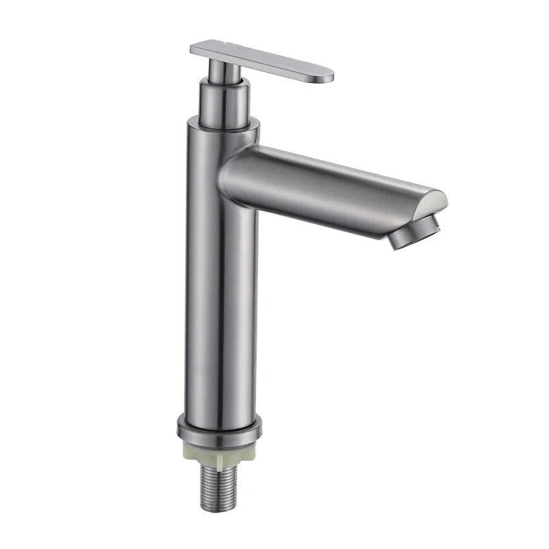 A modern single-handle bathroom faucet with a brushed satin finish, featuring a curved spout and a flat lever handle, shown against a plain white background.