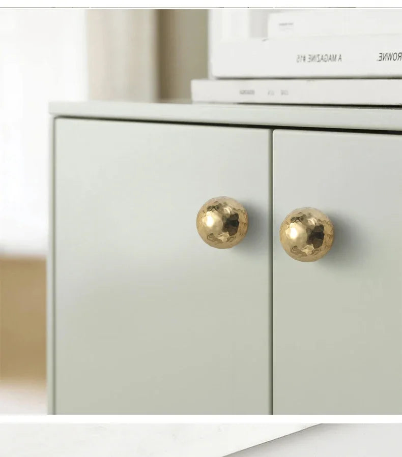 Brass Handle For Cabinet Hammered Golden Polished Gloss Drawer Kitchen Cupboard Furniture Modern Round Knobs