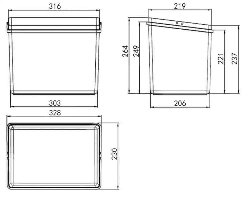 Technical dimension drawing of a rectangular container or bin, showing front, side, and top views with measurement labels and numeric dimensions on a black background.