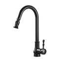 Black kitchen faucet with pull-out spray head on a white background