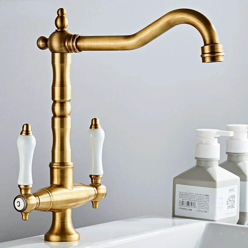Antique Brass Dual Handle Kitchen Mixer Tap – 360° Rotation