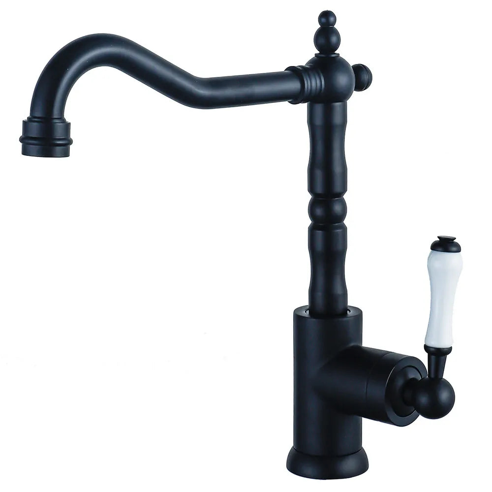 Black kitchen faucet with white handle on a white background