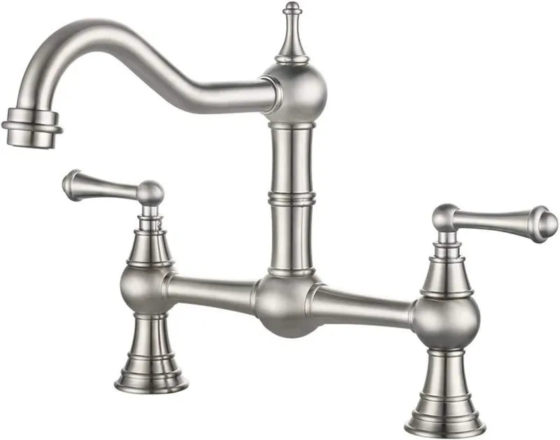 Stainless steel bridge kitchen faucet on a white background