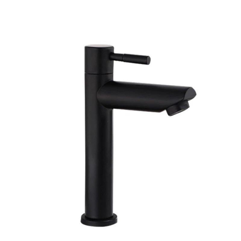 A matte black single-handle bathroom faucet with a curved spout and lever handle, shown on a plain white background.