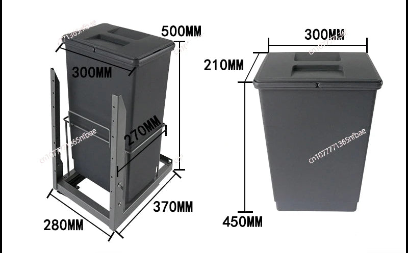 Black trash bin with dimensions labeled on a white background