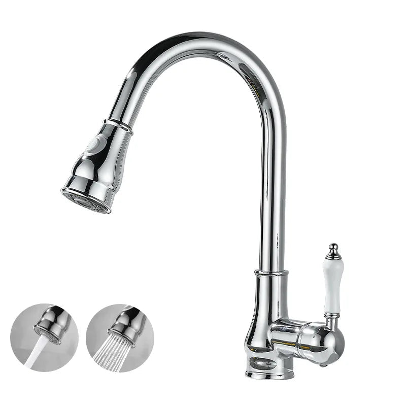 Chrome kitchen faucet with three spray heads on a white background, featuring the brand 'JIESHENG'.