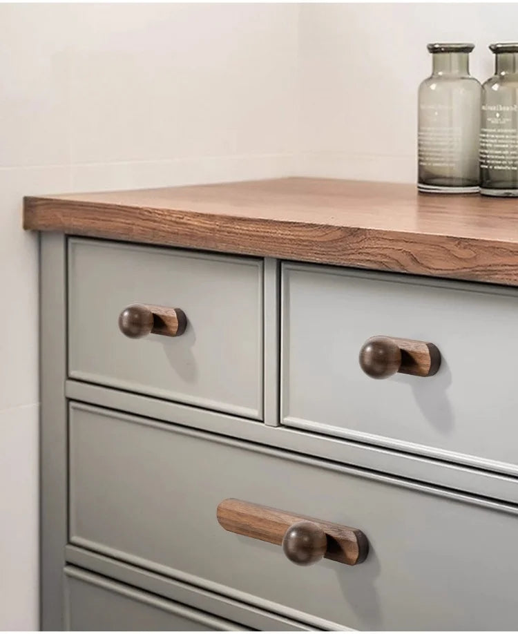 Nordic Walnut Wood Cabinet Knobs Minimalist Round Drawer Pulls Wardrobe Kitchen Cabinets furniture handles