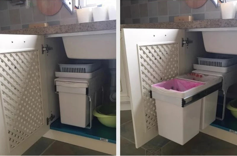 Cabinet with pull-out trash bin and pink sink inside, labeled 'Real Photo Display'.