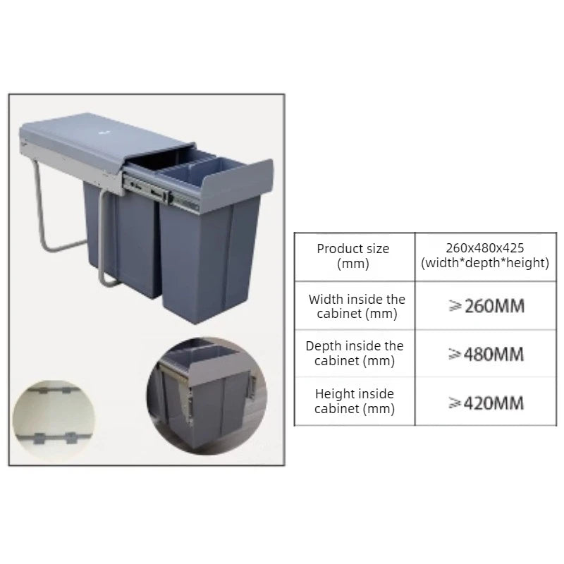 A gray undercounter storage cabinet with two pull-out bins, shown with inset detail views and a size specification table on a white background.