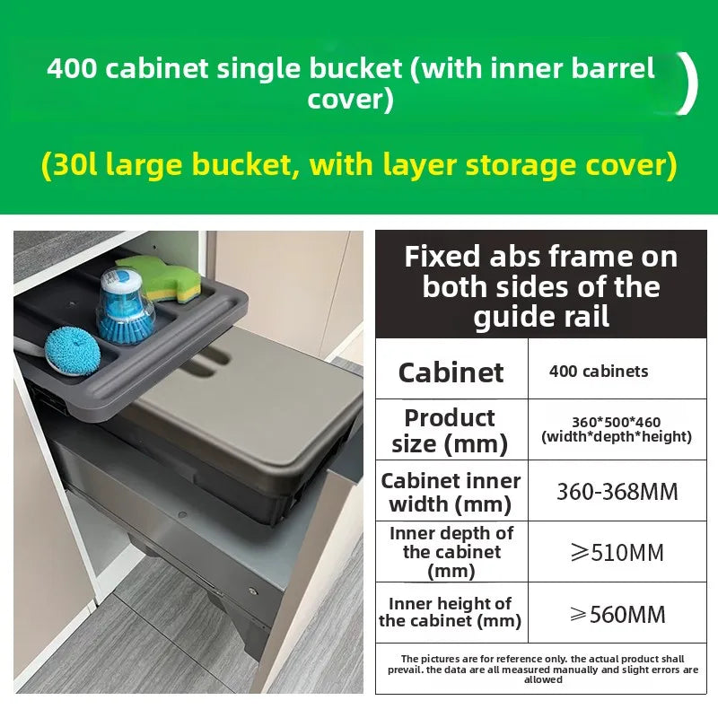Storage solution with a large bucket and layer storage cover for 400 cabinets, featuring product dimensions and features.