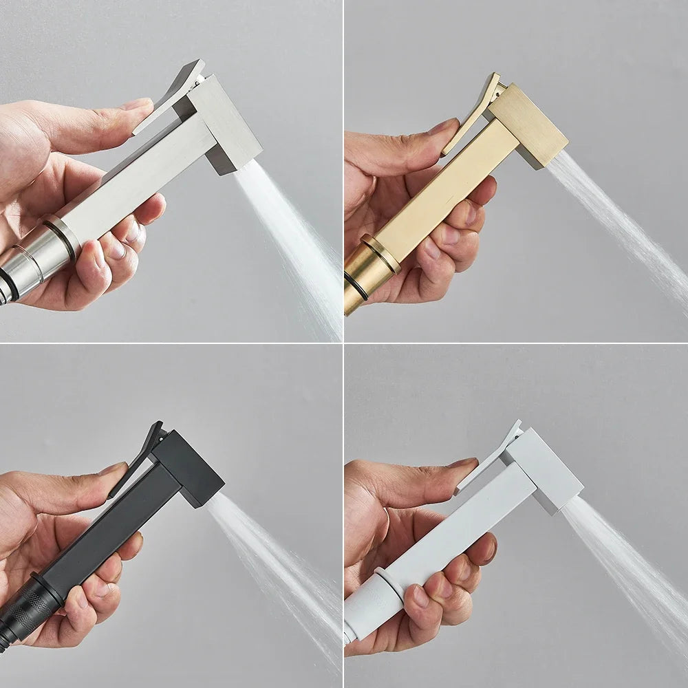 Four different views of a handheld shower head held by a hand against a gray background.