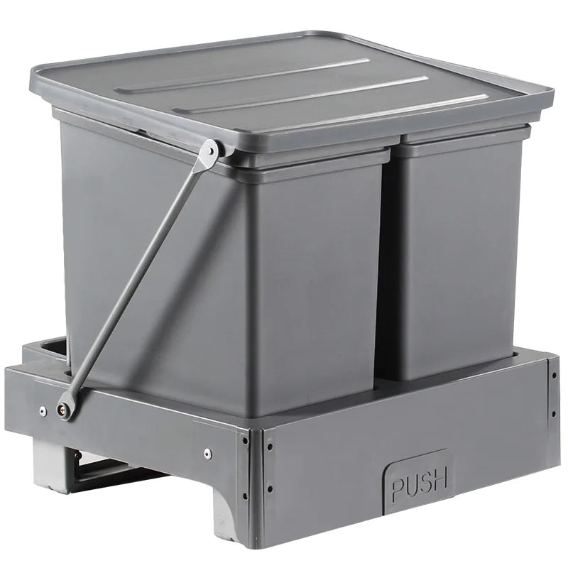 Gray compost bin with a lid on a white background
