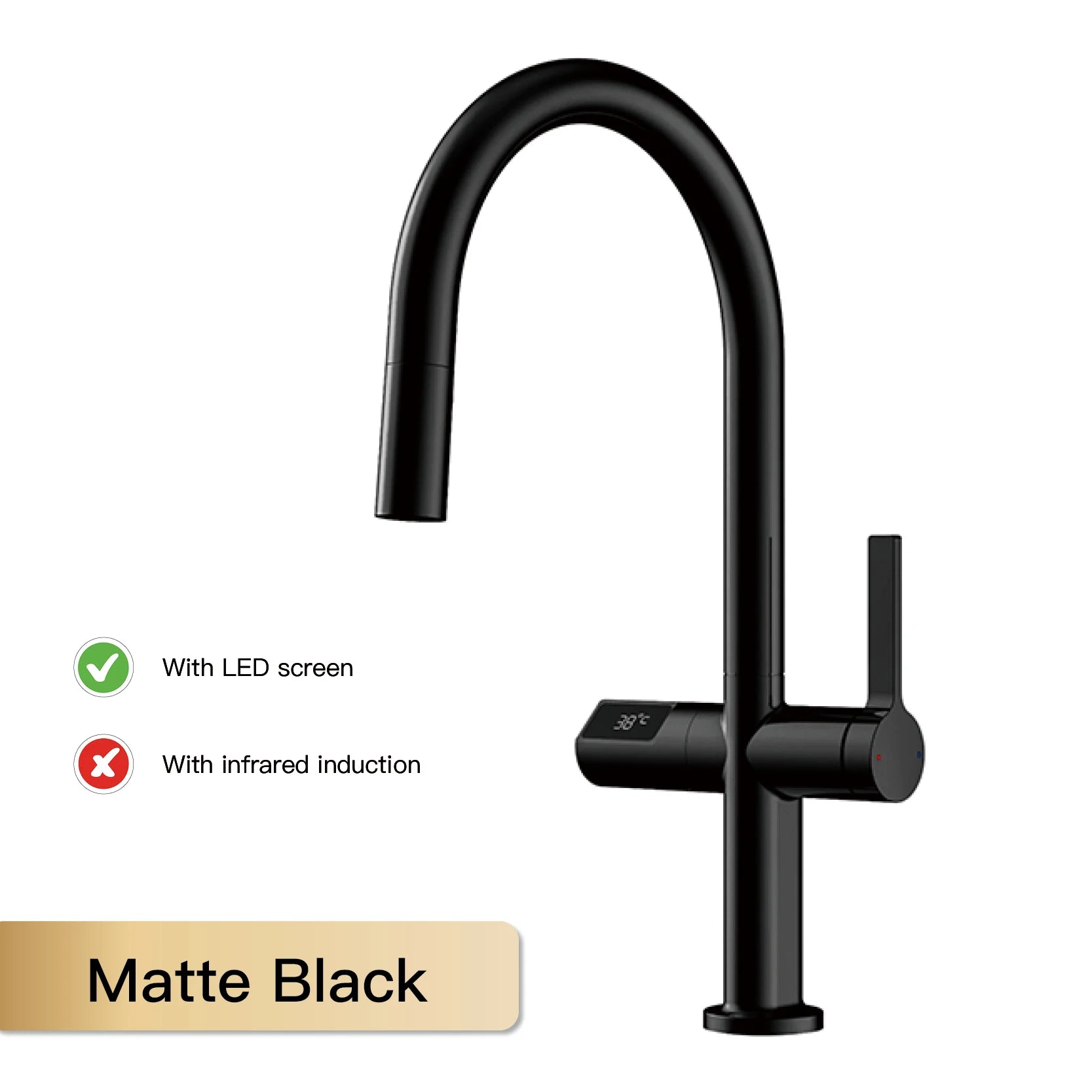 Black kitchen faucet with LED screen and infrared induction on a white background