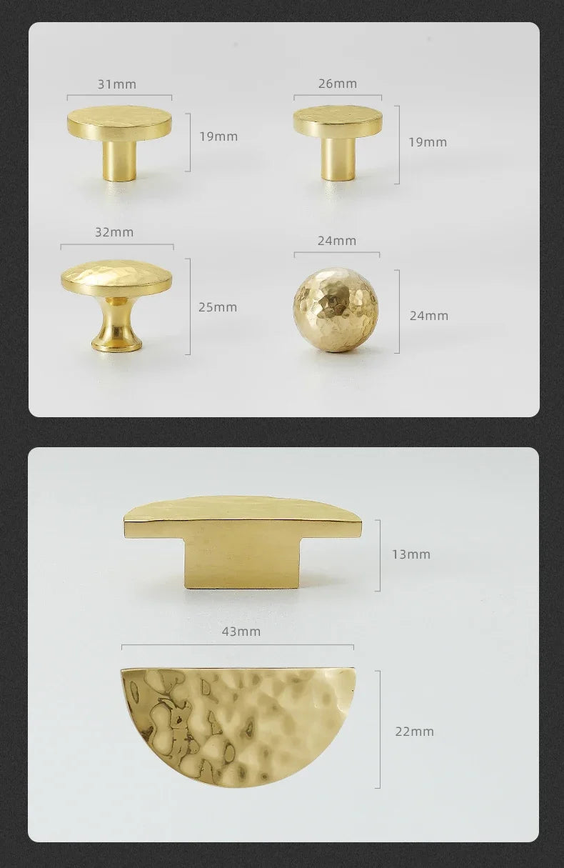 Brass Handle For Cabinet Hammered Golden Polished Gloss Drawer Kitchen Cupboard Furniture Modern Round Knobs